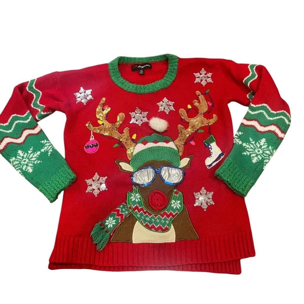 33‎ Degrees Women’s XS Red Green Festive Ugly Sweater Christmas Reindeer Antlers